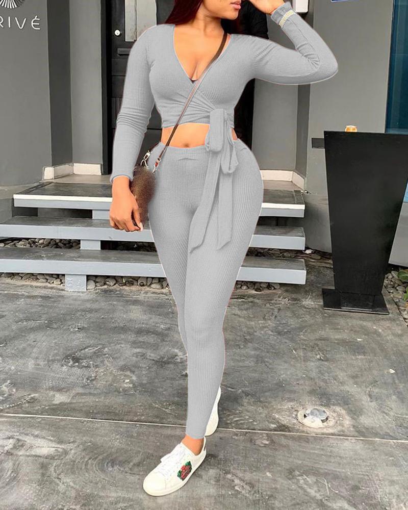 

Ribbed Tie Front Wrap Crop Top & Skinny Pants Set, Gray