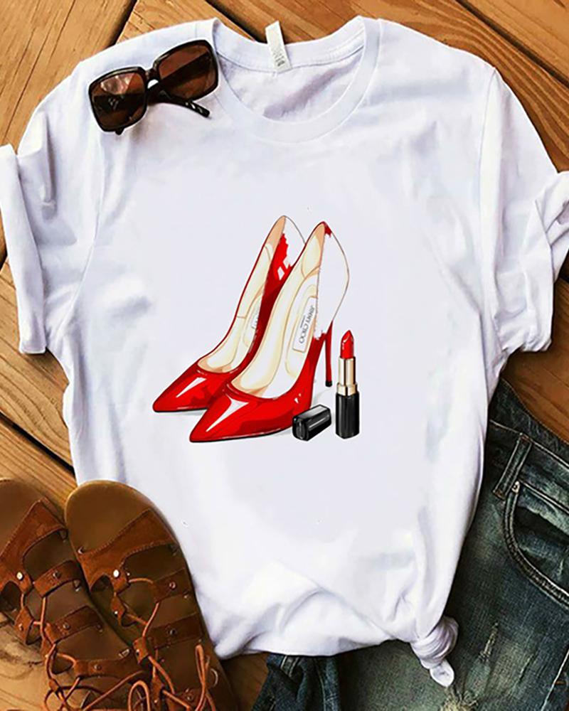 

Lip / Letter / Floral / Figure / Graphic Print Round Neck T-Shirt, Style4