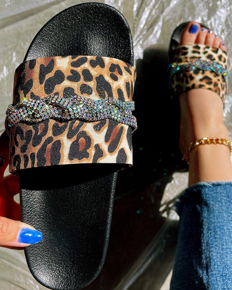 

Cheetah Print One Strap Rhinestone Slippers, Leopard