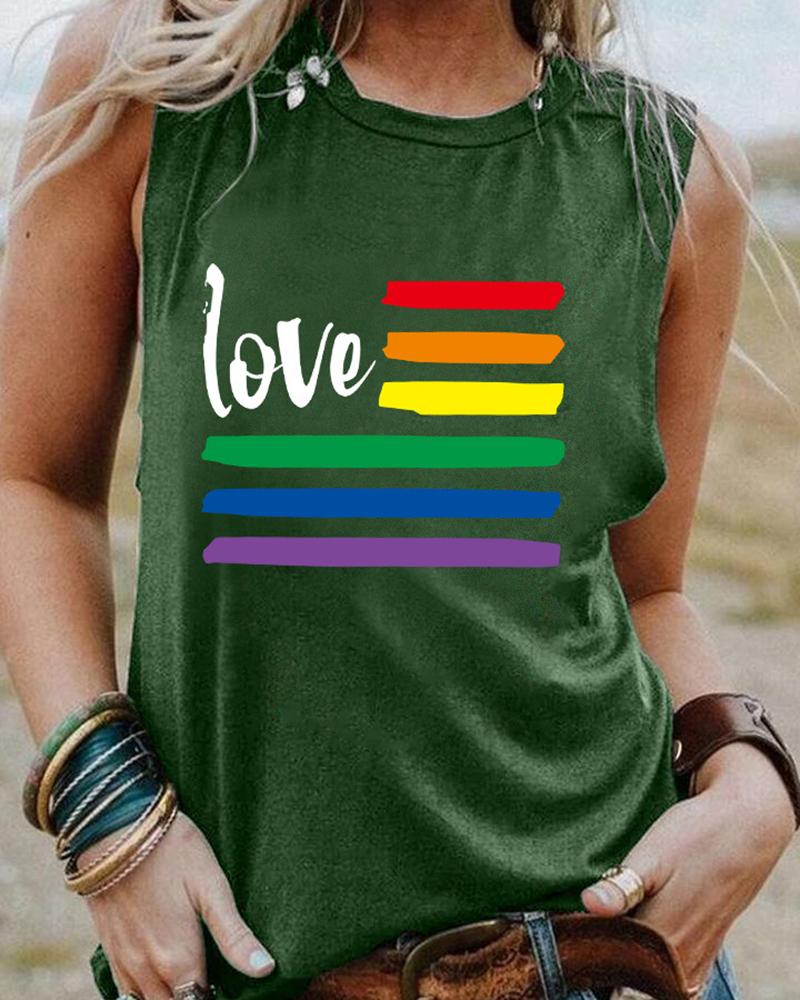 

Rainbow Stripe Love Print Tank Top, Green