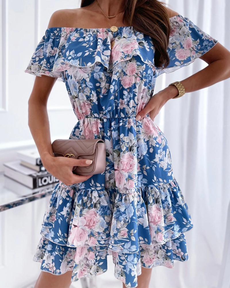 

Floral Print Off Shoulder Ruffle Hem Dress, Blue