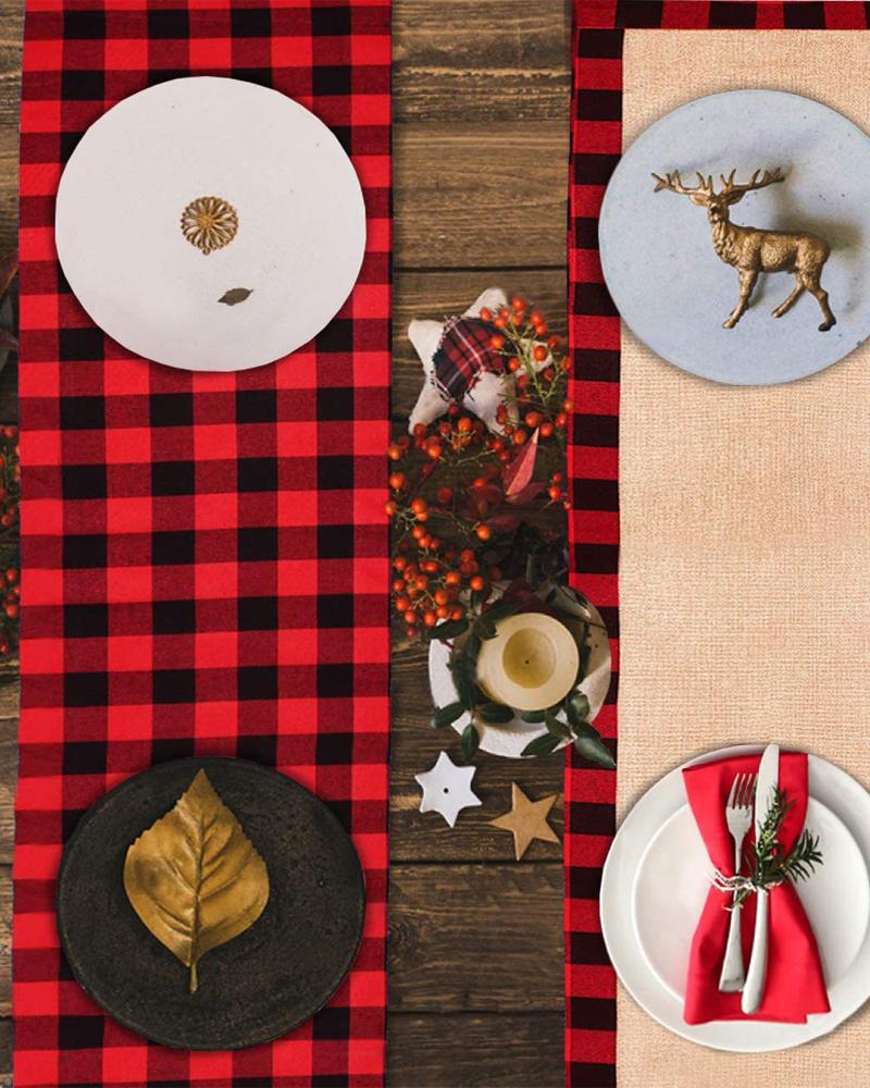 

1pc Christmas Table Runner Plaid Table Mat Seasonal Winter Holiday Kitchen Dining Table Decoration Indoor Outdoor Home Party Supplies, Red