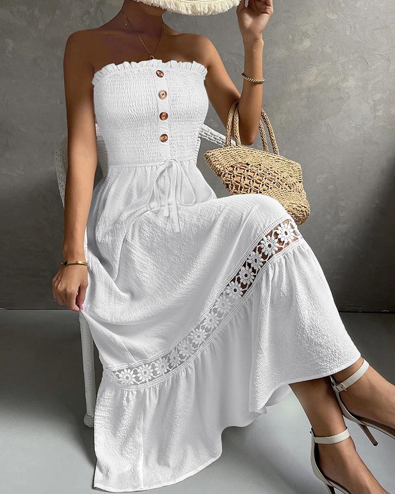 

Bandeau Shirred Lace Patch Maxi Dress, White