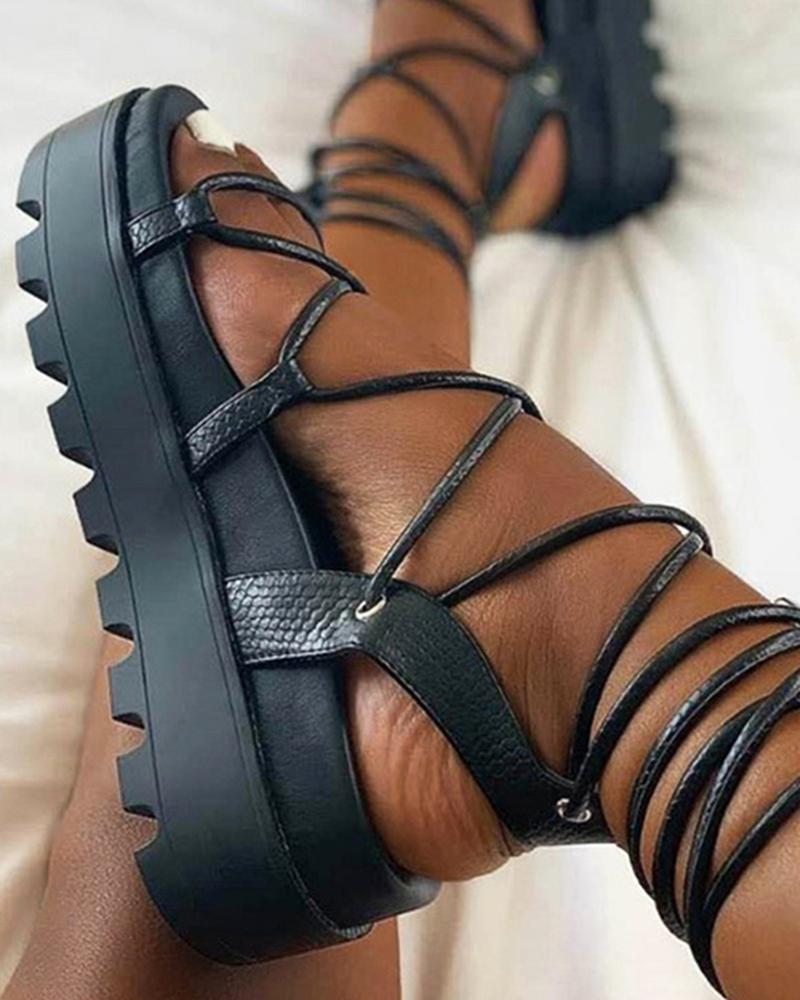 

Lace-up Cutout Muffin Sandals, Black