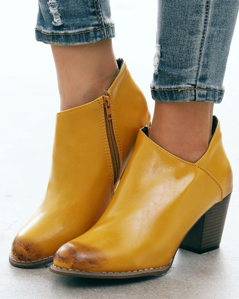 

Side Zipper Chunky Heel Ankle Boots, Yellow