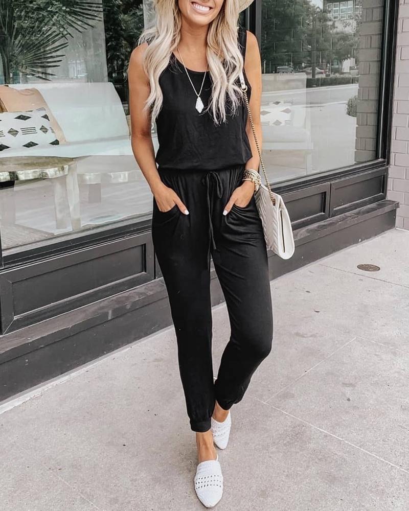 

Sleeveless Pocket Detail Drawstring Waist Jumpsuit, Black