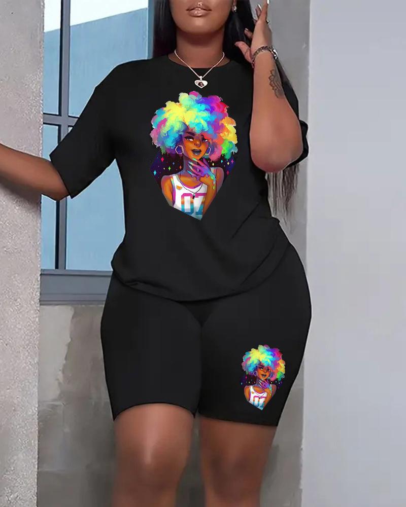 

Figure Print Casual Top & Shorts Set, Black