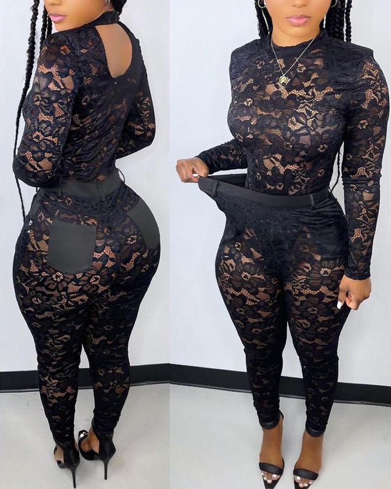 

Long Sleeve Floral Lace Top & Skinny Pants Set, Black