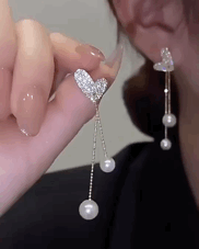 

1Pair Rhinestone Heart Shaped Pearls Tassel Decor Earrings, Silver