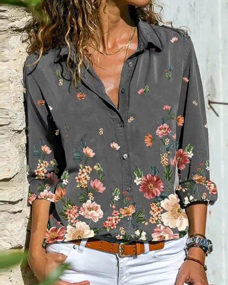 

Floral Print Button Design Long Sleeve Shirt, Gray