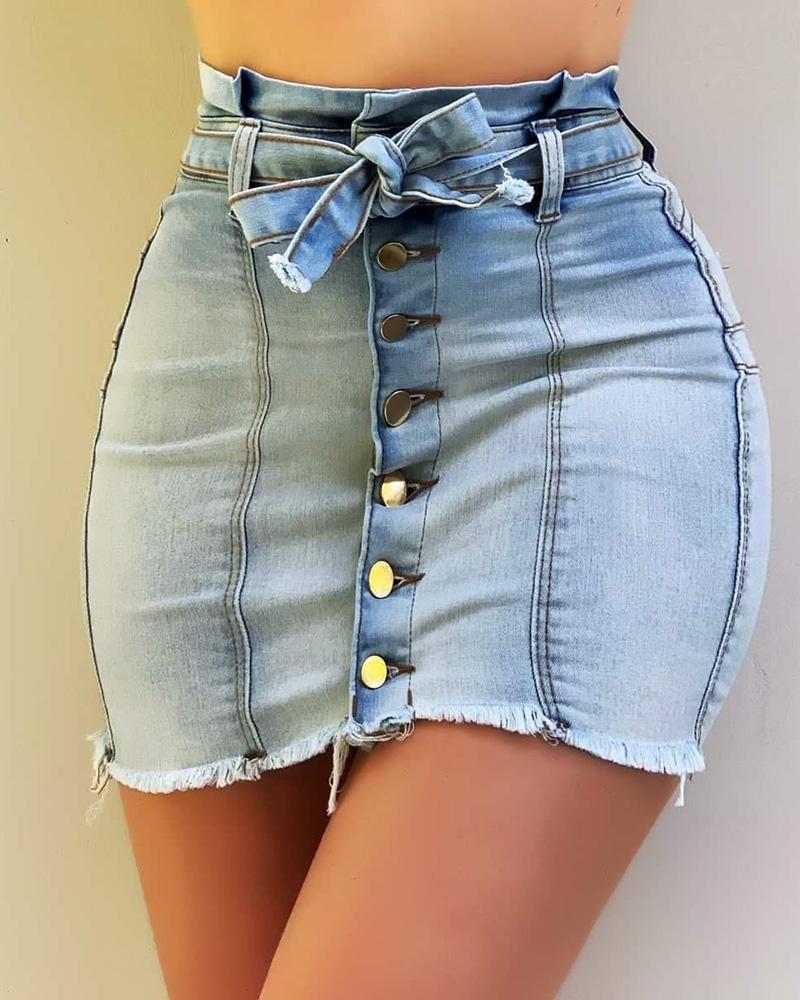 

Button Design Fringe Hem Denim Skirt, Lighted blue