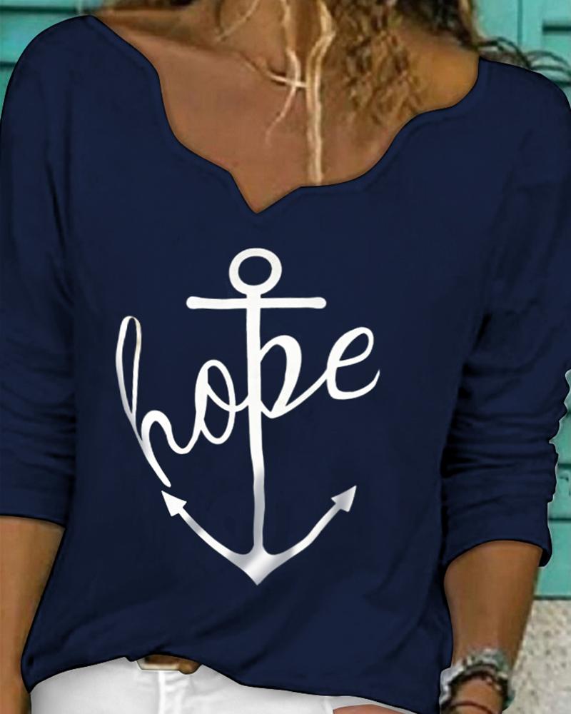 

Anchor Letter Print Long Sleeve Top, Blue