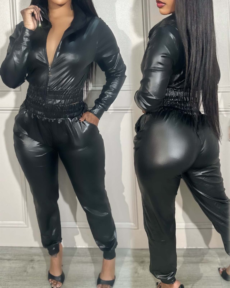 

Zipper Design PU Leather Top & Pants Set, Black