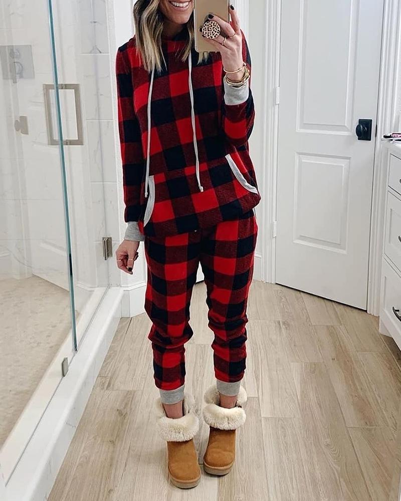 

Plaid Print Pocket Design Top & Drawstring Pants Set, Red