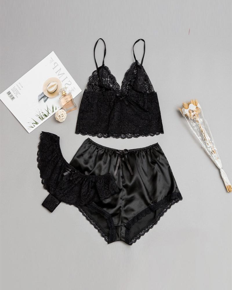 

Croceht Lace Bowkont Satin Cami Set, Black