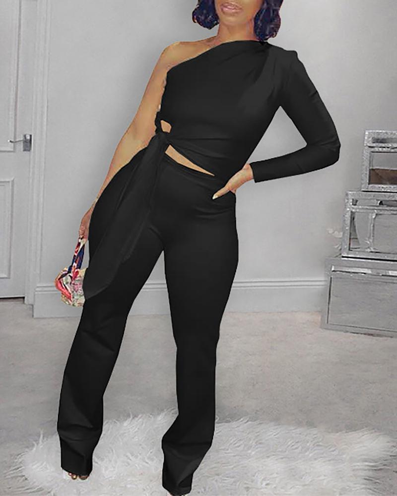 

Tied Detail One Shoulder Women Top & Pants Set, Black