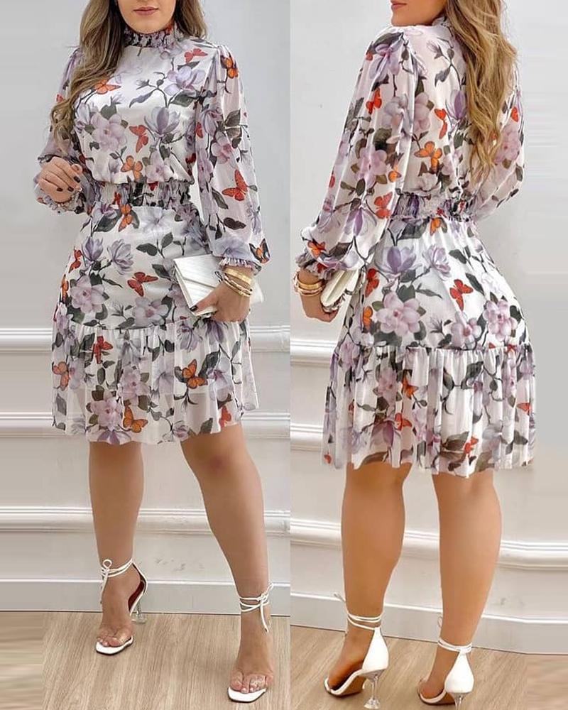 

Floral Print Lantern Sleeve Shirred Ruffles Dress, Multicolor