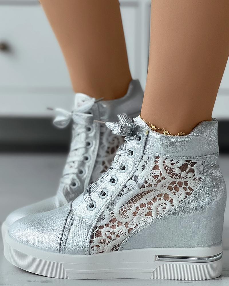 

Lace Patch Hidden Wedge Shoes, Silver