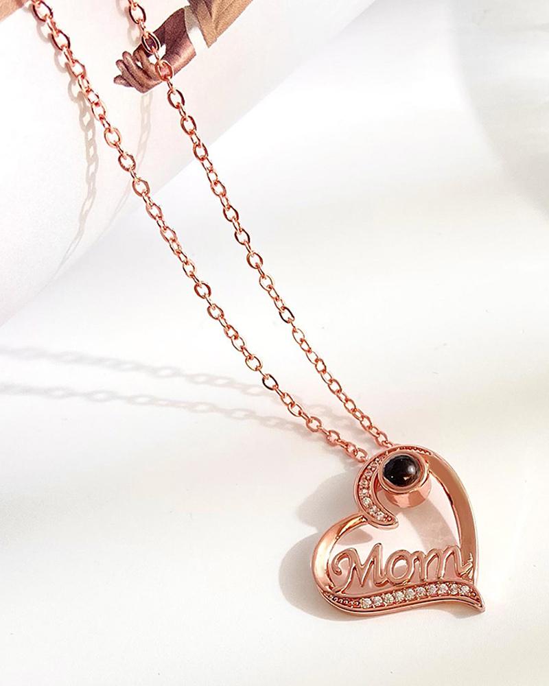 

1pc Mother's Day Fashion Charms Gift Hollow Out Heart Rhinestone Letter Mom Pendant Necklace, Rose gold