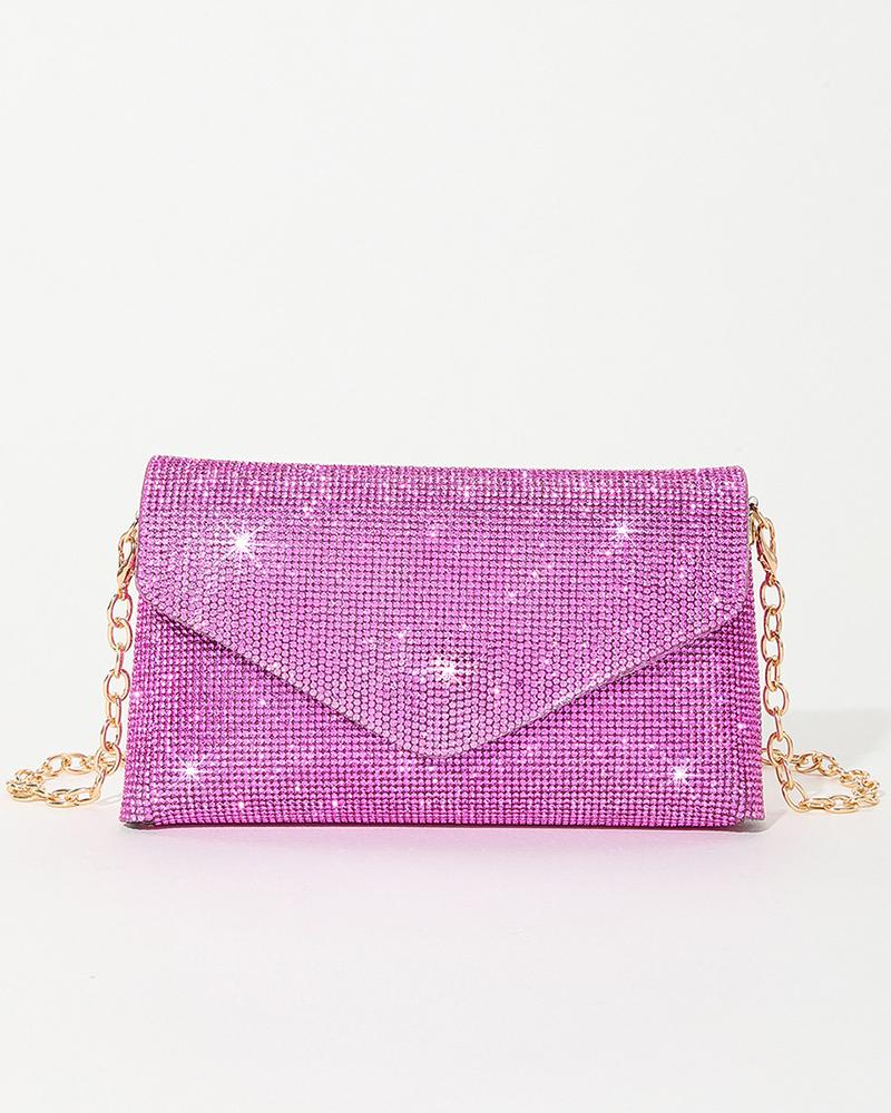 

Allover Rhinestone Evening Envelop Clutch Bag, Hot pink