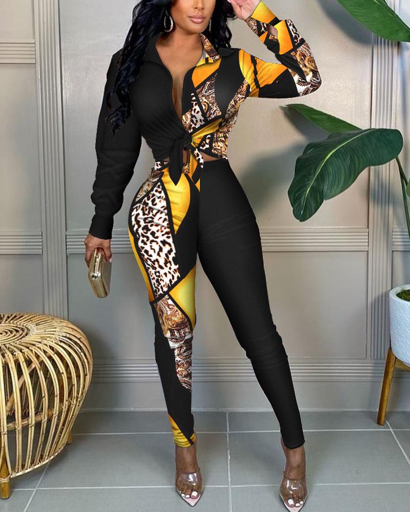 

Leopard Print Button Down Shirt & Pants Set, Black