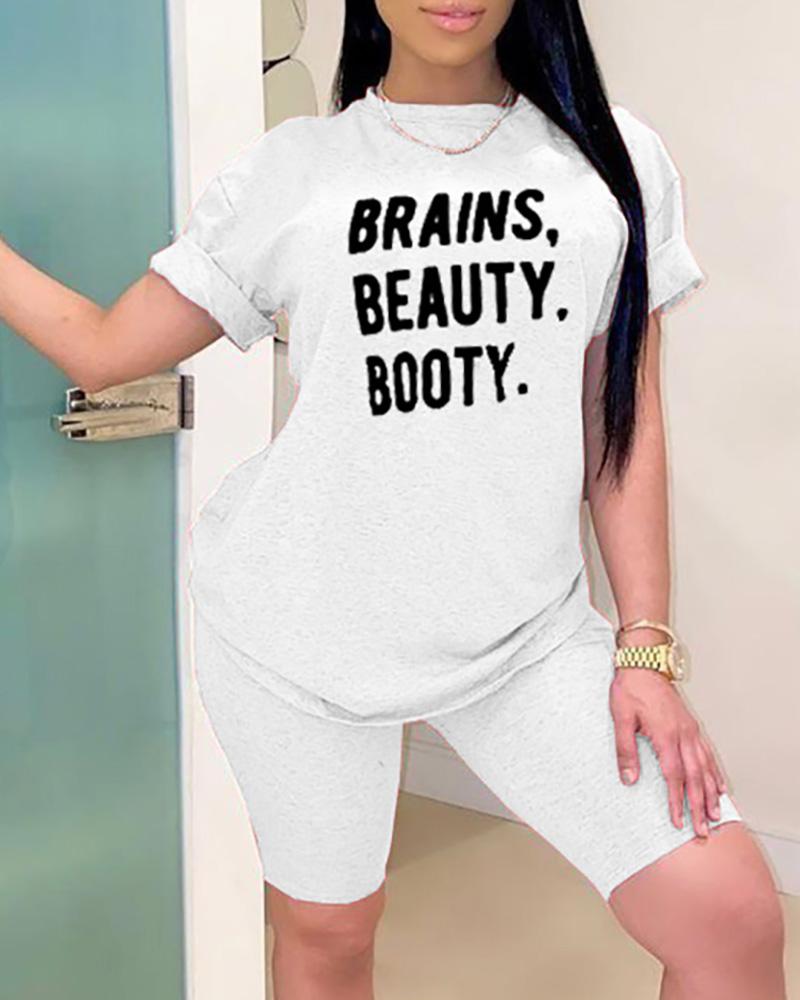 

Letter Print Short Sleeve Top & Shorts Set, White