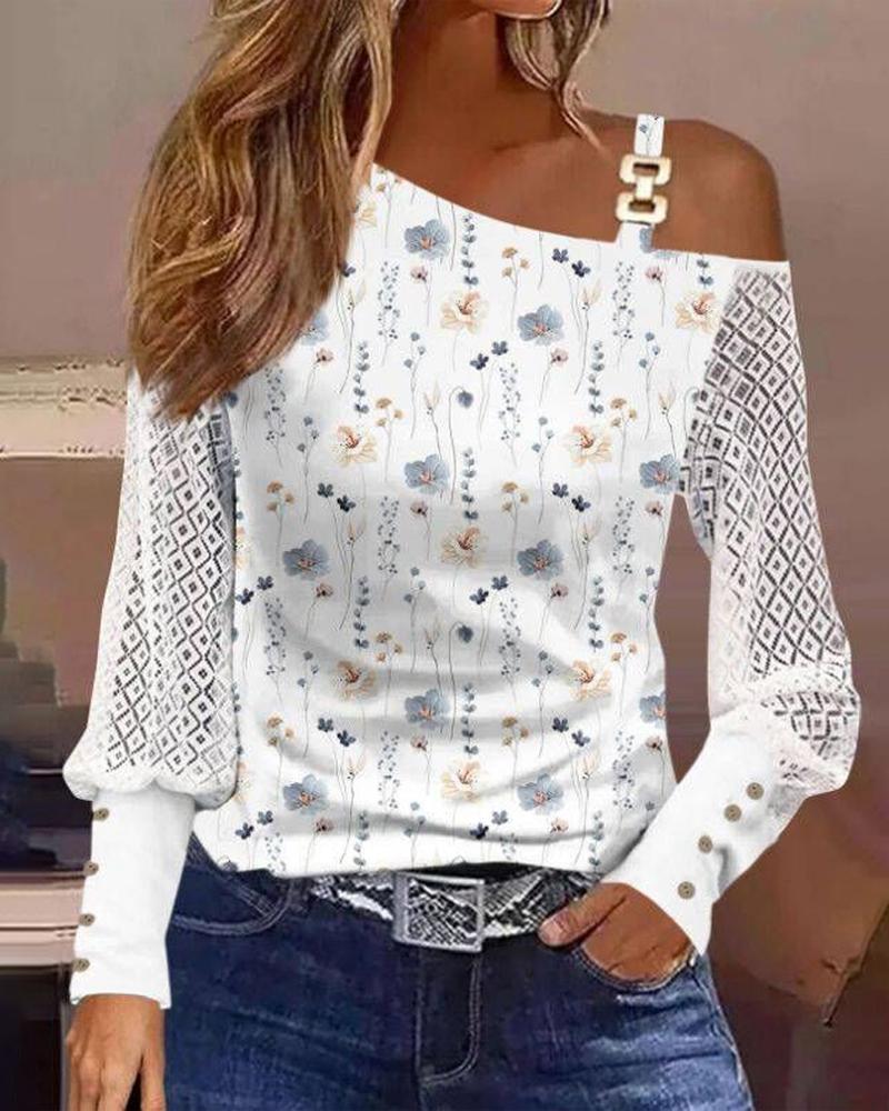 

Floral Print Lace Patch Cold Shoulder Top, White