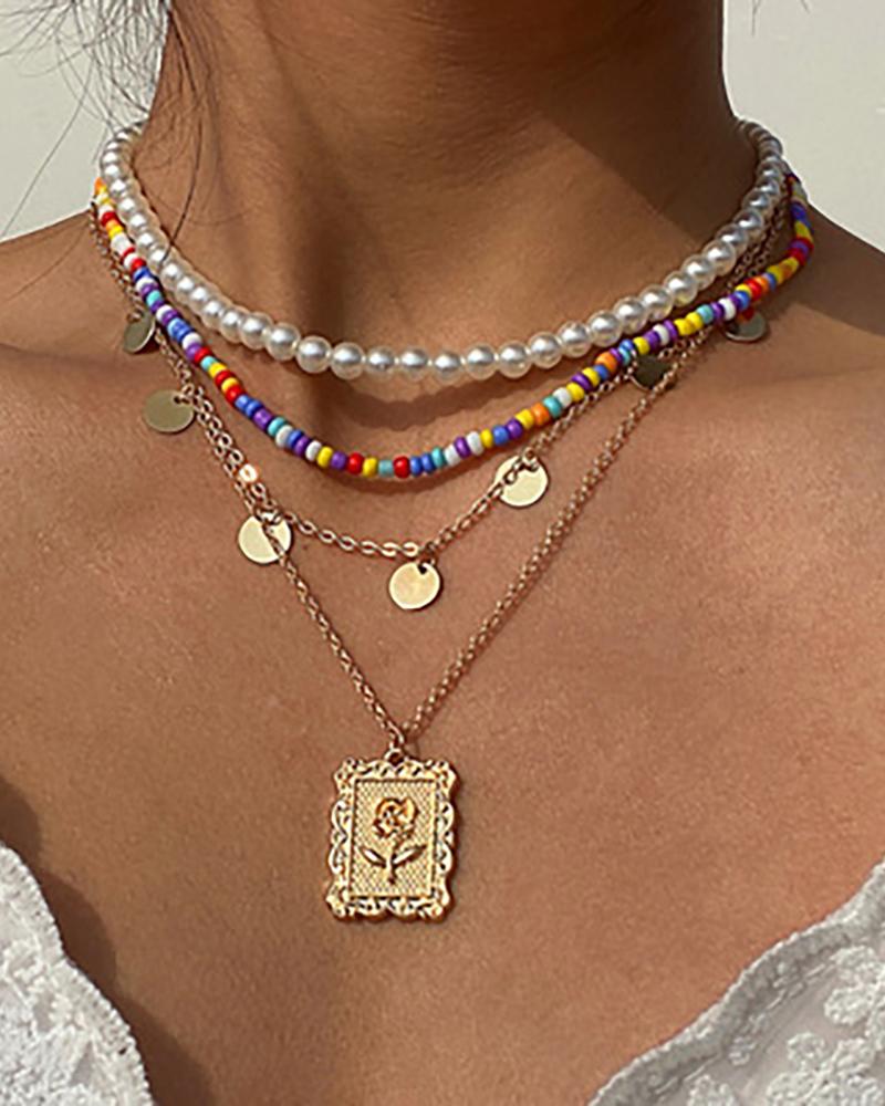 

Colorful Bead Disc & Floral Layered Pendant Necklaces, Gold