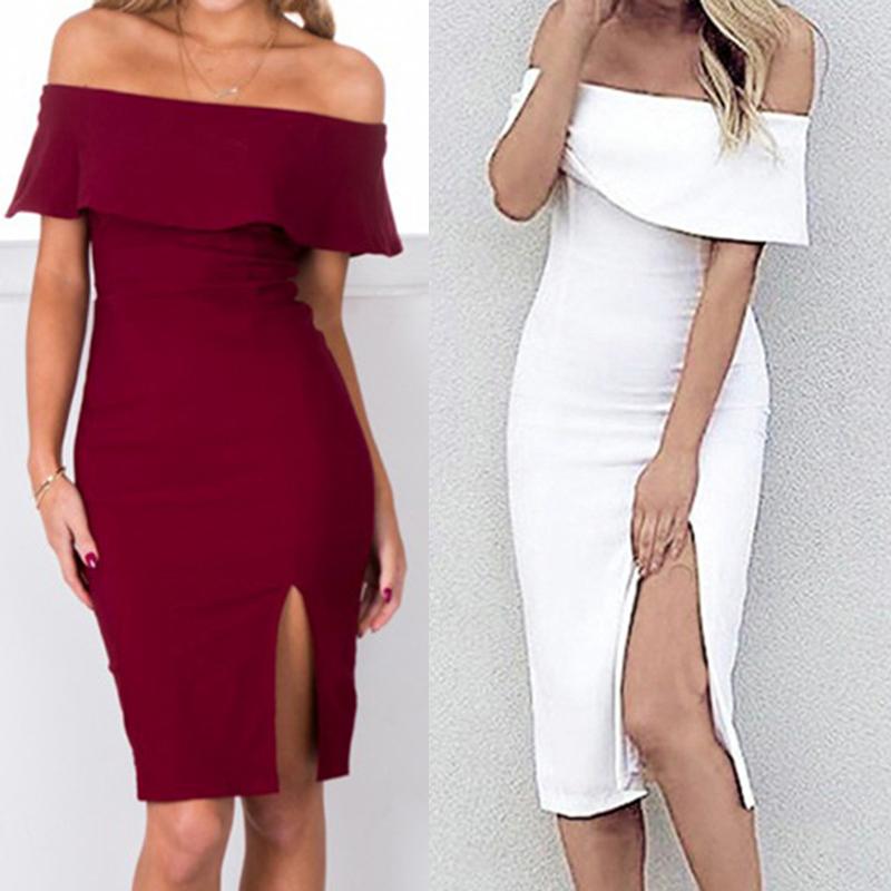 

Women' Off Shoulder Ruffles Falbala Slim Fit Split Bodycon Dress, White