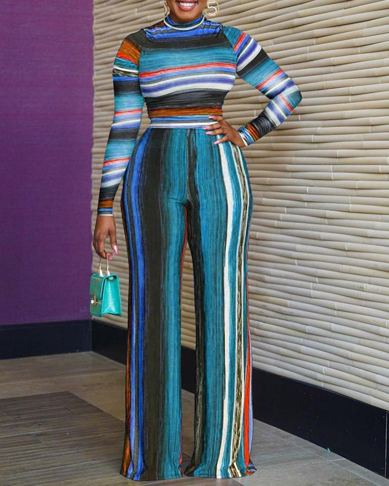 

Striped Print Colorblock Top & Pants Set, Blue