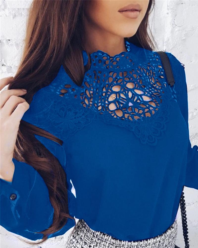

Lace Embroidery Hollow Out Casual Blouse, Blue
