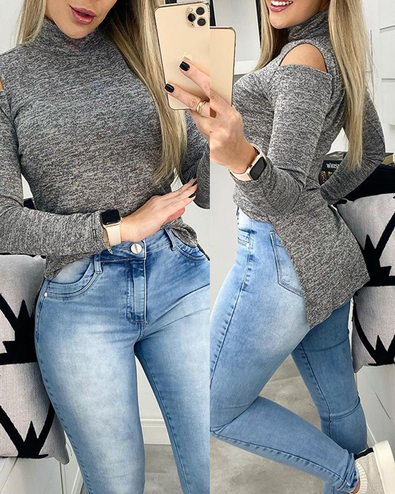 

Cold Shoulder Long Sleeve Slit Top, Gray
