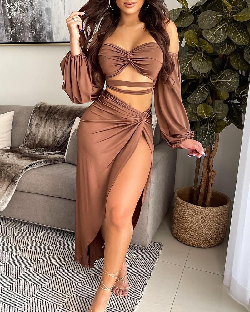 

Solid Color Cut-out Off Shoulder Long Sleeve Top With Skirt Skirt Sets, Coffee