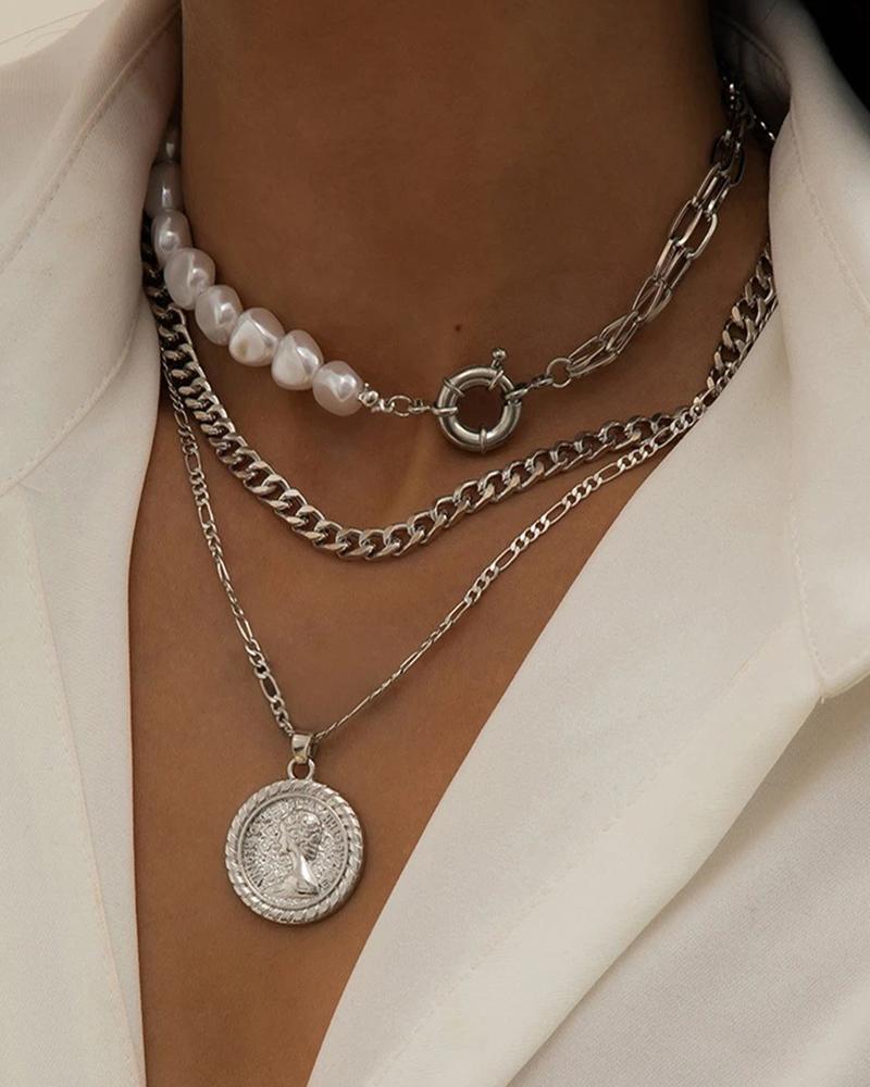 

1pcs Multi-Layered Pearls Beaded Embossed Disc Pendant Necklace, Silver