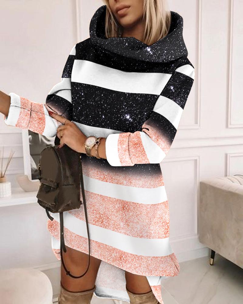 

Striped Glitter Print Long Sleeve Sweatshirt Dress, Pink