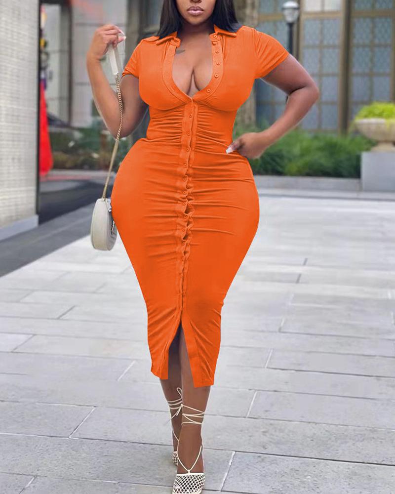 

Plus Size Ruched Button Down Shirt Dress, Orange