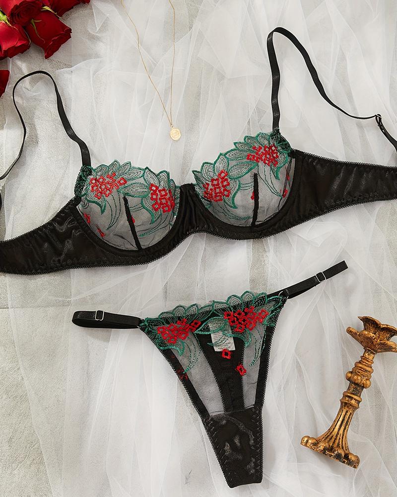 

Floral Embroidery Mesh Patch Lingerie Set, Black