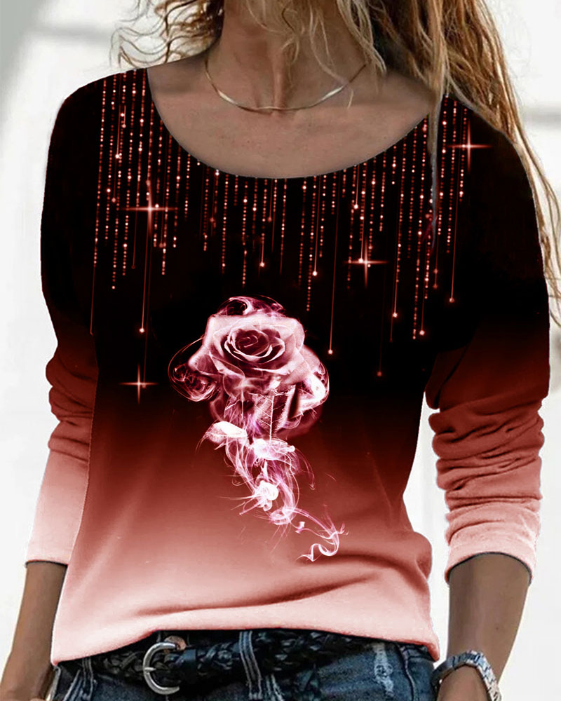 

Ombre Floral Print Long Sleeve Top, Orange
