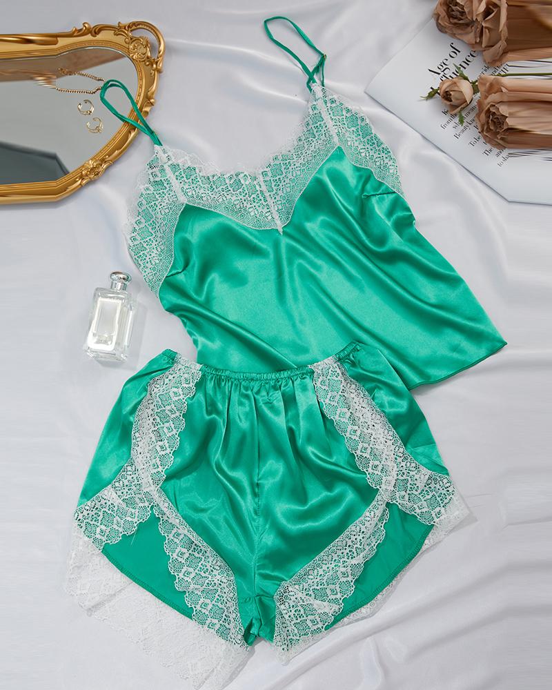 

Satin Crochet Lace Patch V Neck Cami Set, Green