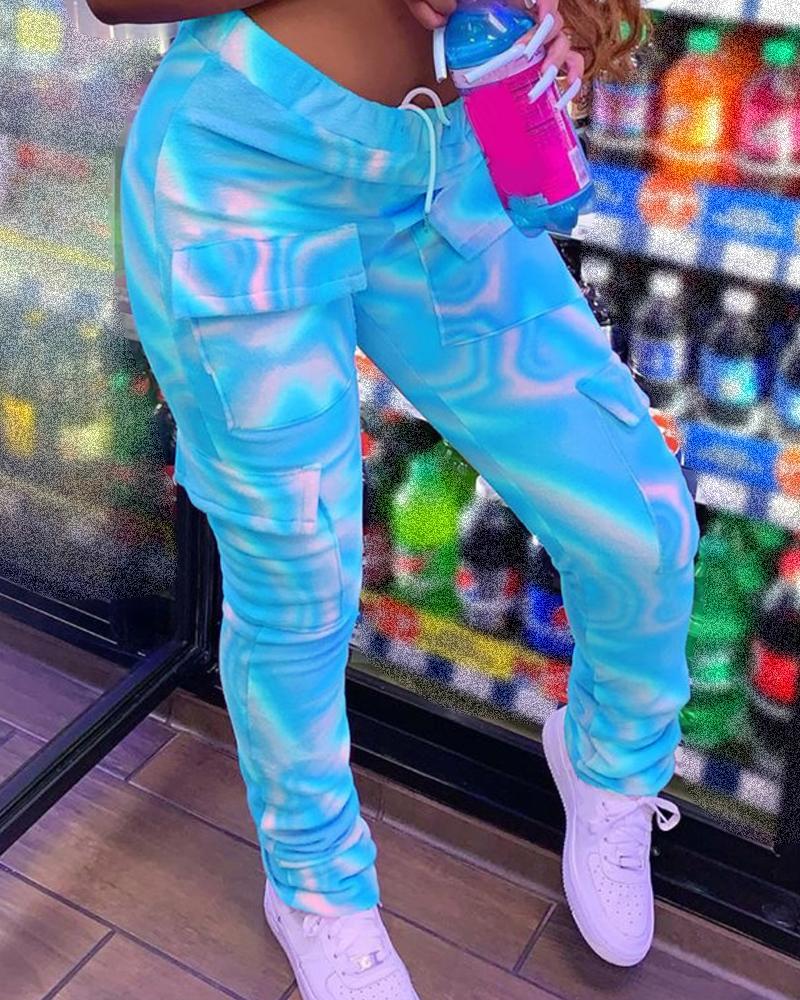 

Colorblock Drawstring Pocket Design Casual Pants, Blue