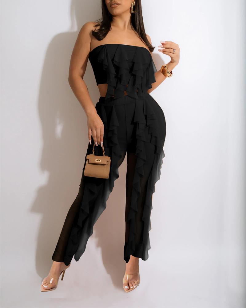 

Ruffle Hem Crop Tube Top & Sheer Mesh Pants Set, Black