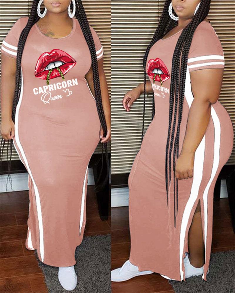 

Plus Size Lip Letter Print Split Hem Maxi Dress, Pink
