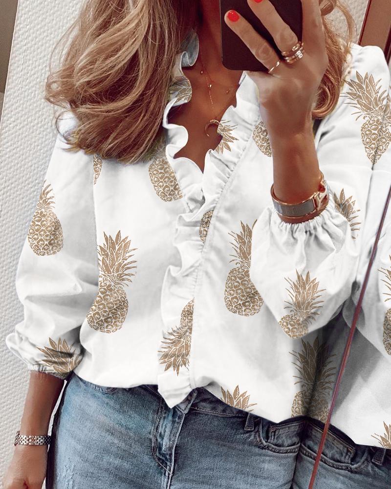 

Pineapple Print Long Sleeve Ruffles Casual Blouse, White