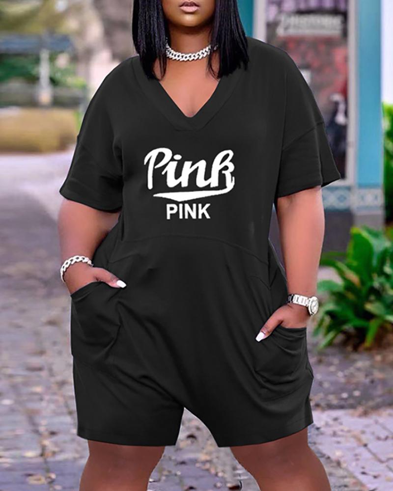 

Pocket Design Letter Print Short Sleeve Romper, Black