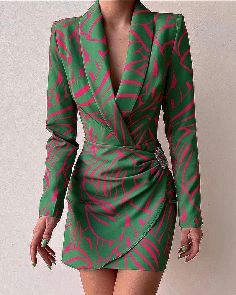 

Allover Print Shawl Collar Ruched Blazer Dress, Green