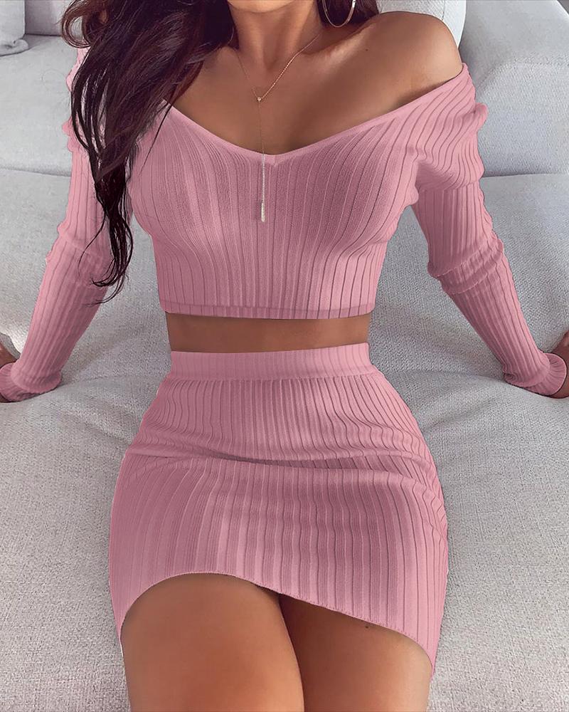 

Solid Ribbed Crop Top & Skirt Sets, Pink