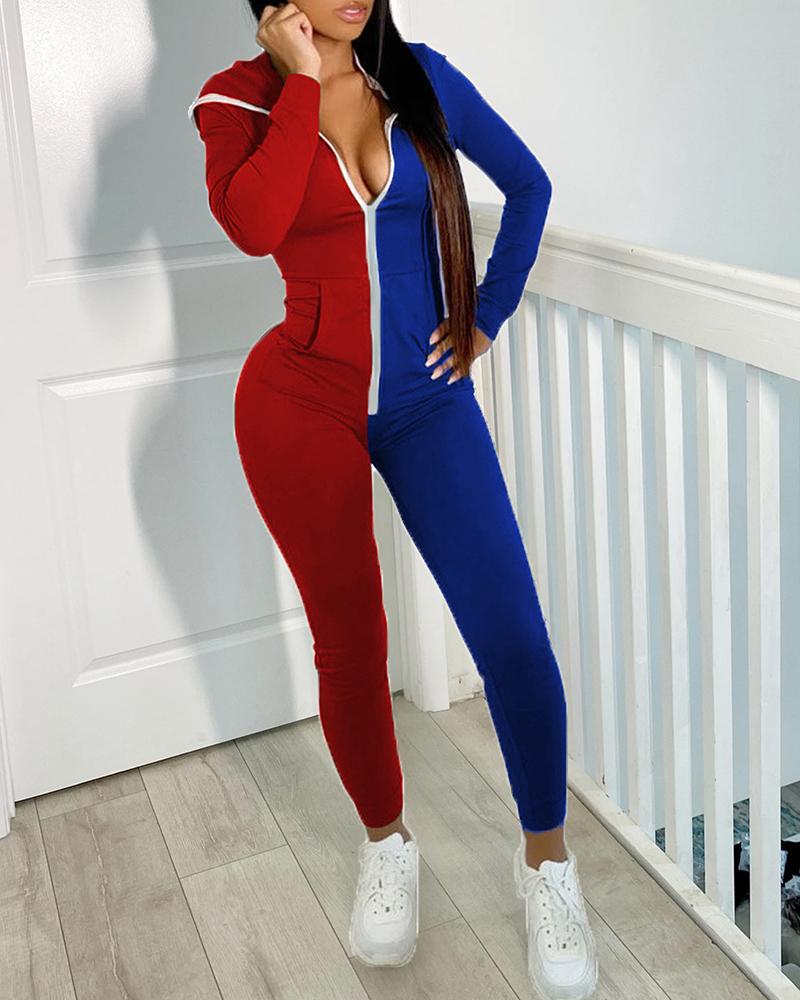 

Zipper Design Colorblock Hooded Jumpsuit, Blue