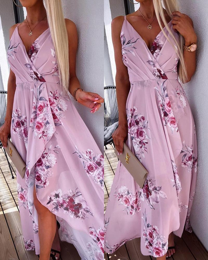 

Floral Print Sleeveless Ruched Slit Dress, Pink