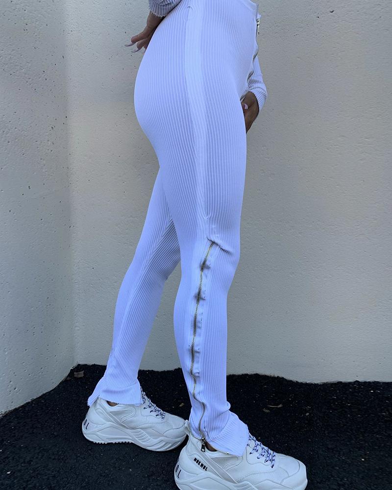 

Zipper Design High Waist Slit Skinny Pants, White