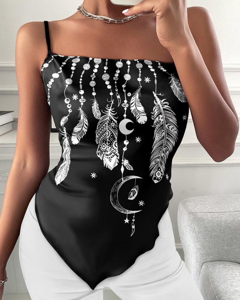

Feather Moon Print Tied Detail Hanky Hem Cami Top, Black